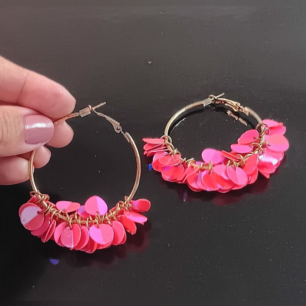 2" Gold Sequin Hoop Earrings - Bright Pink
